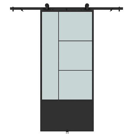 Renin Opera Frosted Glass Metal Barn Door with Installation Hardware Kit 37 in. KMCTOPF-37BL